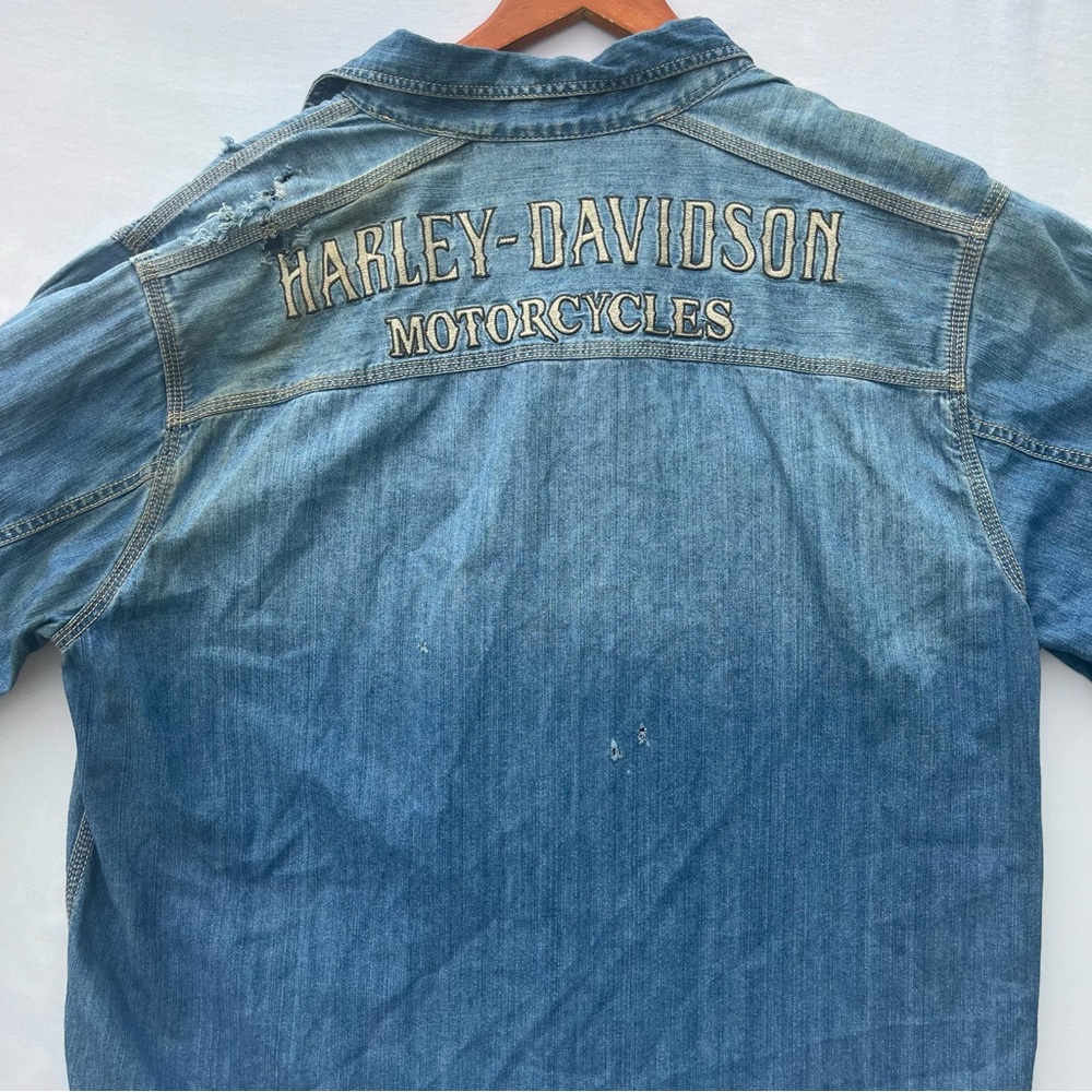 Harley‎ Davidson Denim Snap Shirt XL Embroidered Logo Biker Western Distressed - Picture 8 of 12